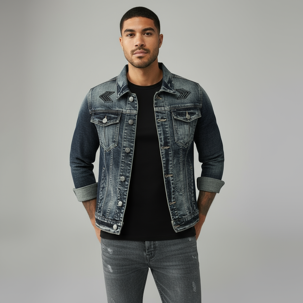 Men’s Grey Trucker Jacket - Classic Button-Front Denim Style with Chest Pockets