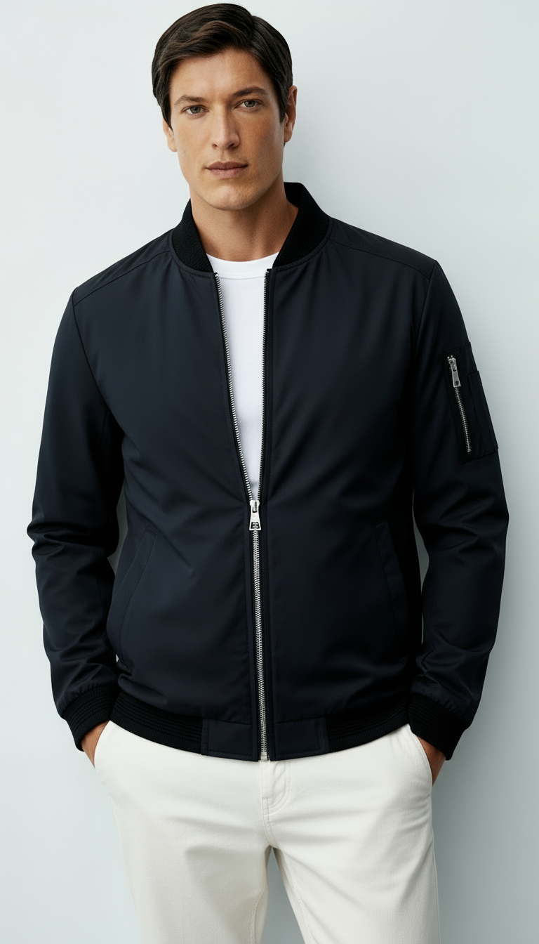 Blouson bombardier zippé pour hommes avec bordures côtelées et poches sur les manches
