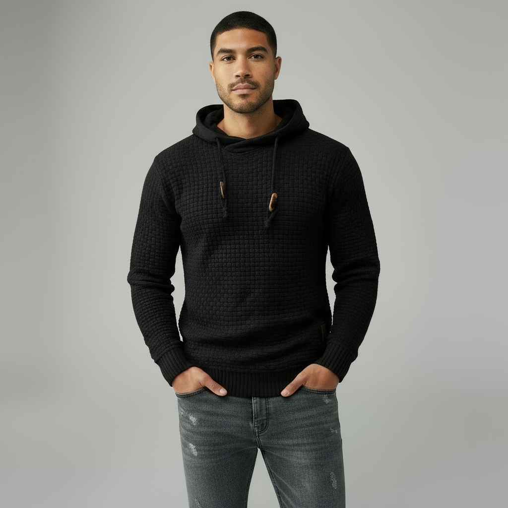 Men’s Textured Knit Hoodie - Adjustable Drawstring Hood & Ribbed Trim