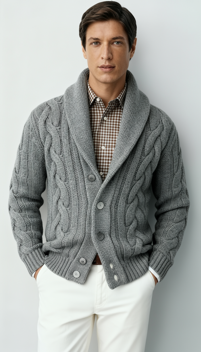 Cardigan en maille torsadée pour homme en mélange de laine – Pull boutonné à col châle