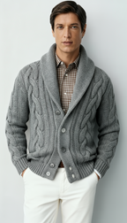 Cardigan en maille torsadée pour homme en mélange de laine – Pull boutonné à col châle