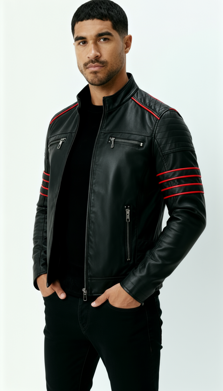 Veste en cuir noir pour homme - Vêtements d'extérieur de motard inspirés de Wolverine avec accents de rayures rouges