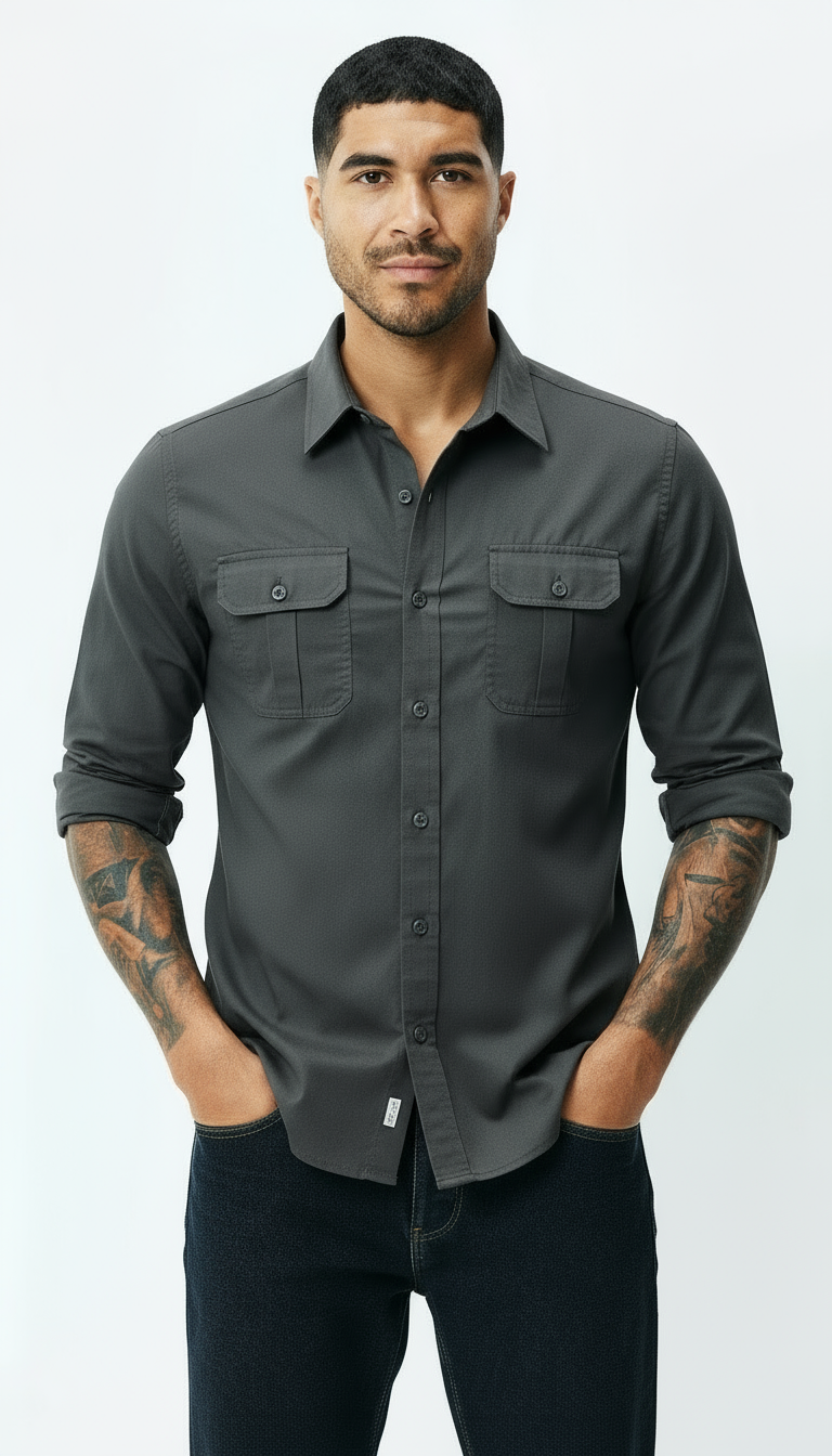 Camicia Utility da uomo - Colletto classico Button-Up con tasche ad aletta - abbigliamento da lavoro elegante e casual con texture