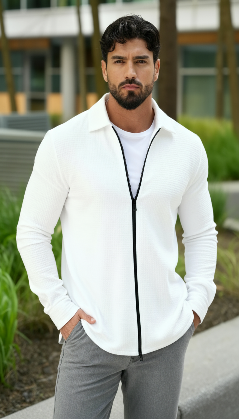 Chemise tissée texturée à manches longues pour homme – Chemise décontractée à fermeture éclair devant coupe régulière