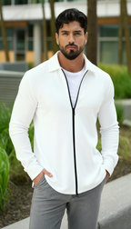 Chemise tissée texturée à manches longues pour homme – Chemise décontractée à fermeture éclair devant coupe régulière