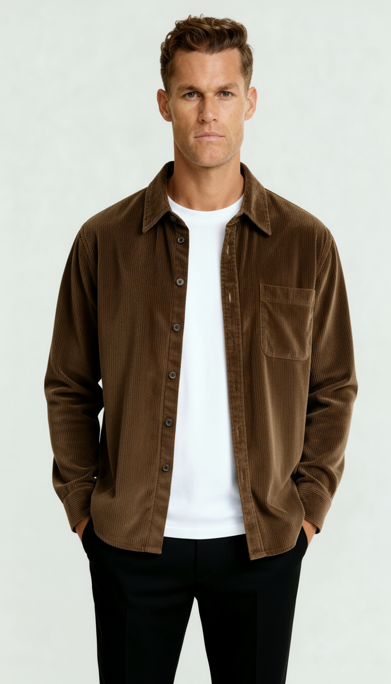 Surchemise à manches longues pour hommes avec fermeture à boutons et poche sur la poitrine