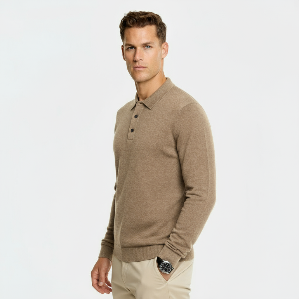 Maglione da uomo in misto lana con collo polo – Maglia a girocollo regular fit con bordi a coste e patta con tre bottoni