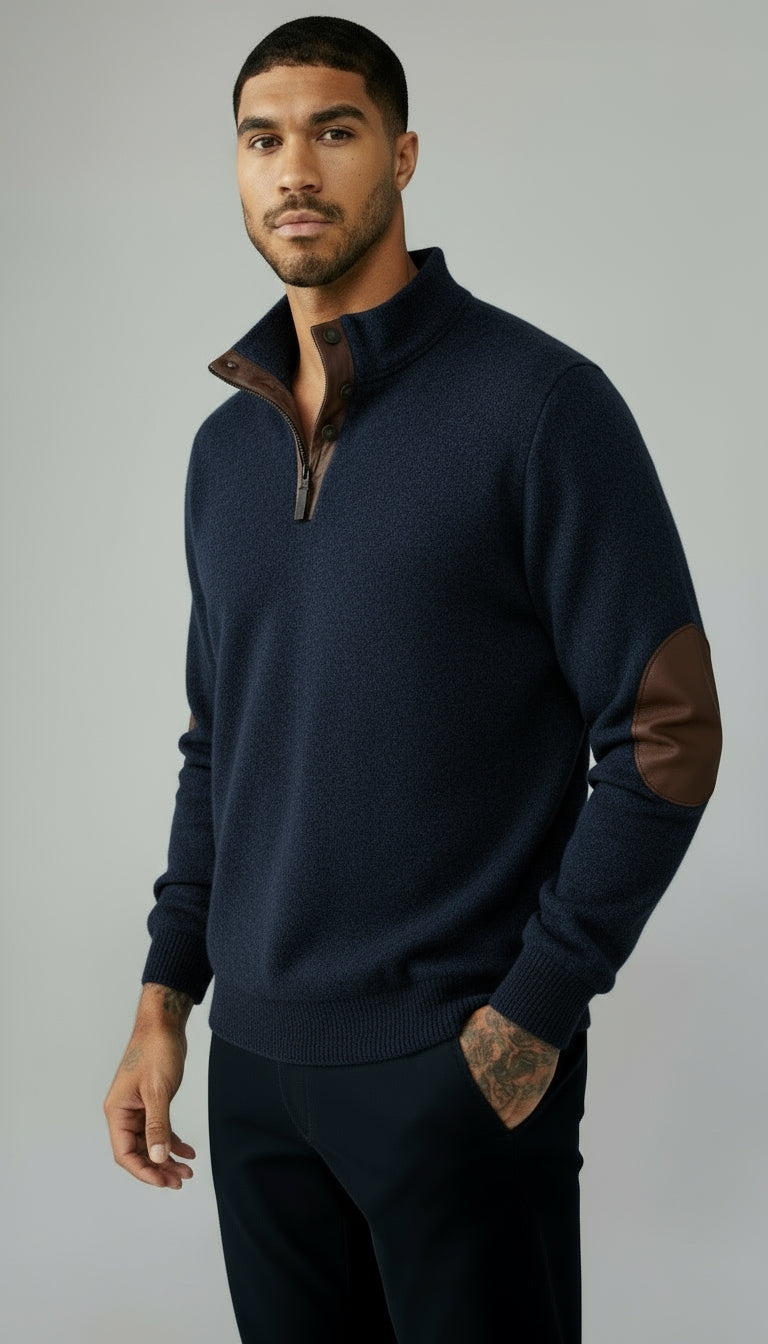 Herren-Pullover mit Knopfleiste - Pullover mit Stehkragen und Ellbogen-Patches