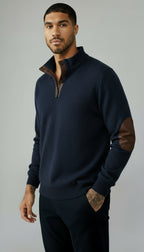 Herren-Pullover mit Knopfleiste - Pullover mit Stehkragen und Ellbogen-Patches